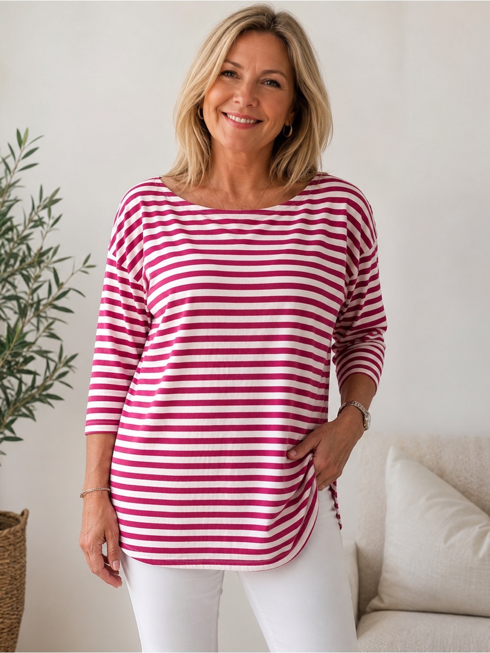 TALBOTS magenta/ white metallic striped Top Med NWT